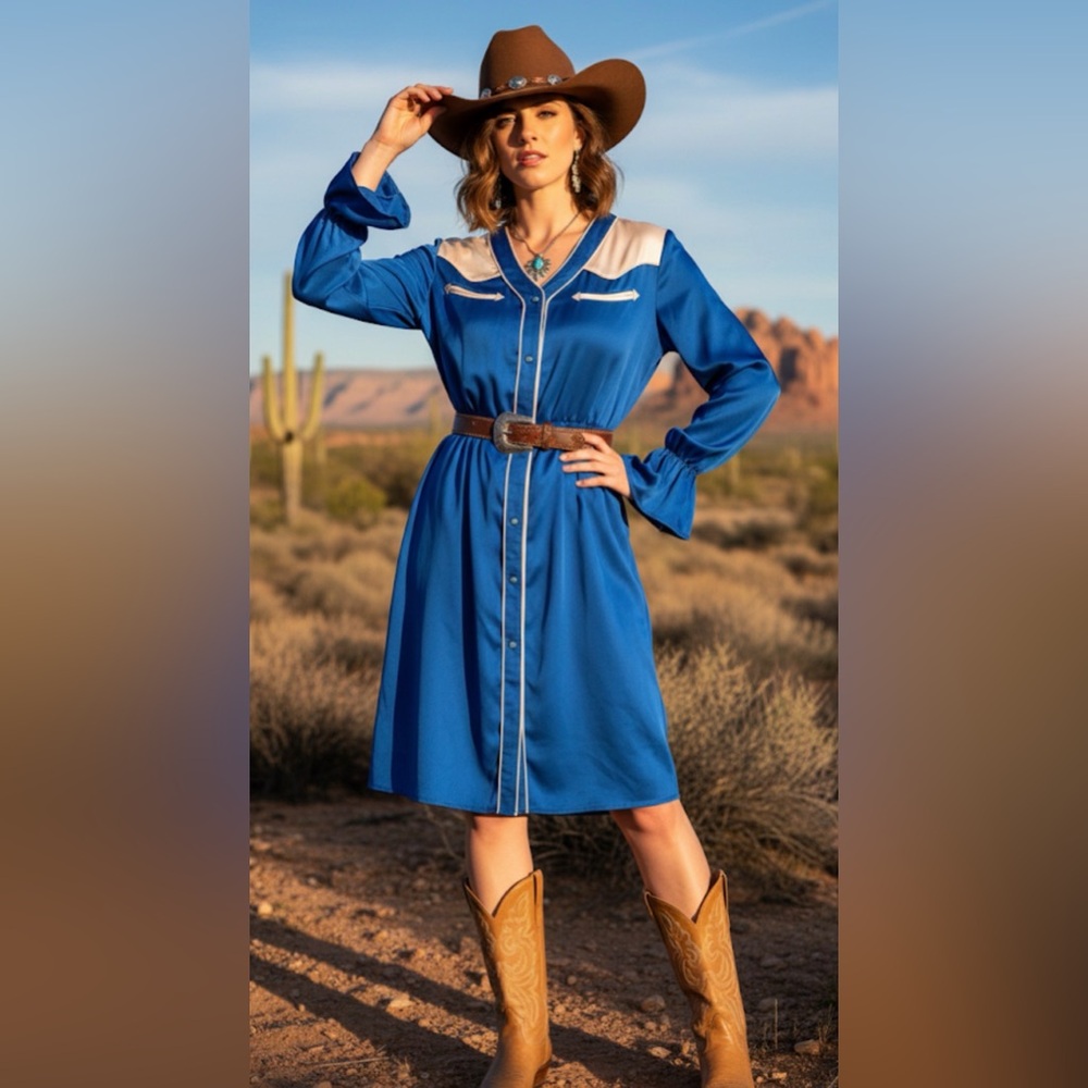 Bonanza button royal Blue/cream Western Dress turquoise buttons rodeo Nashville